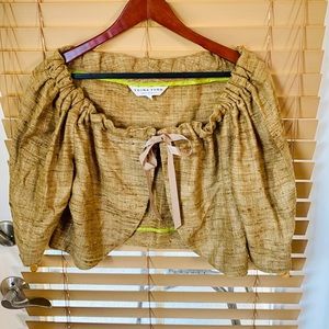 Trina Turk Wool Silk Brown Tweed Tie Cropped Shrug